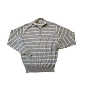 Peter Millar Men's Beige White Striped Merino Wool Linen 1/4 Zip Sweater Medium